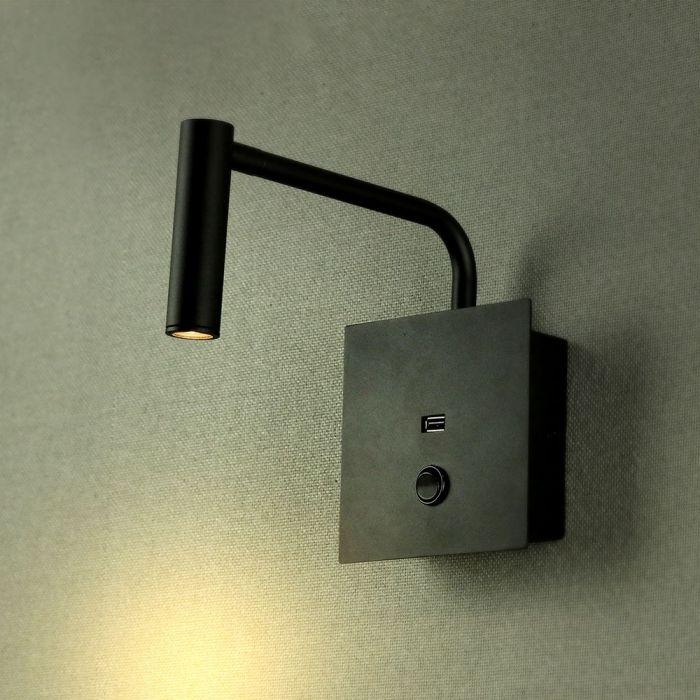3W LED sieninis šviestuvas, juodas, su USB, 3000K - Image 2