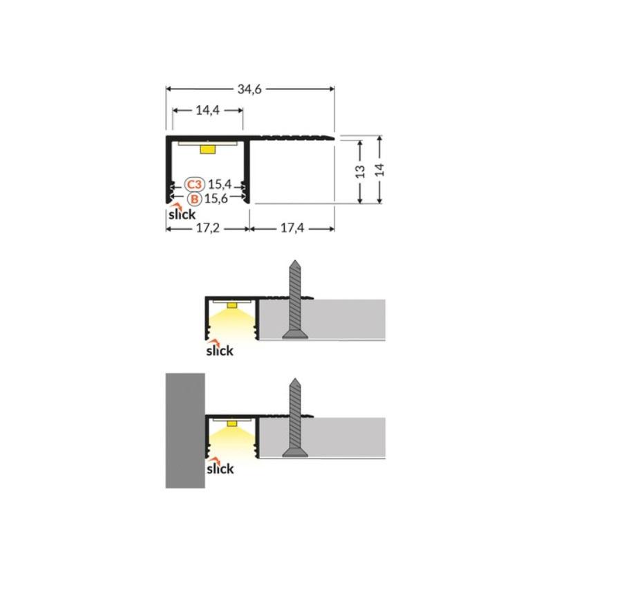 LED juostos profilis PLANE14 SIDE, baltas, 3m