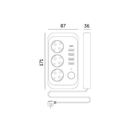 Ilgintuvas LINEA PRO, 3 kištukinių lizdų, 4xUSB-A, 1xUSB-C, su jungikliu, juodas, 5m