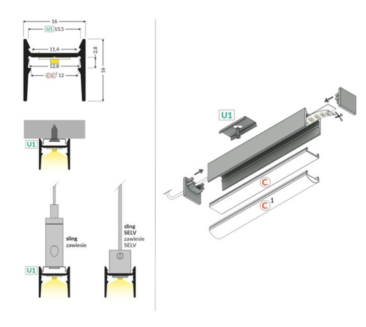 LED juostos paviršinis profilis COZY12 C/U1, juodas, 4m - Image 2