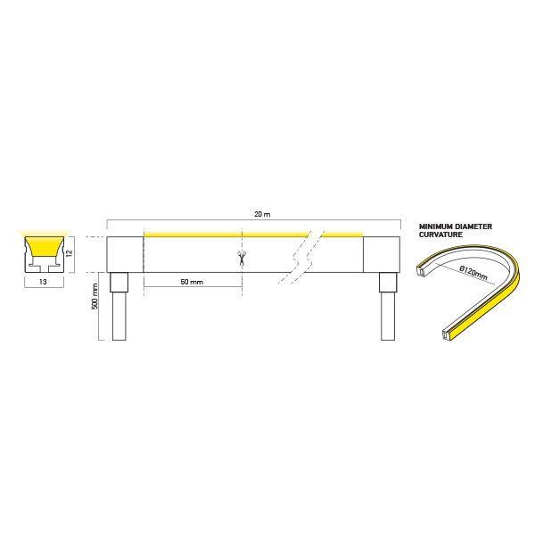 9,6W/m LED šviečiantis kabelis XMAGIS 13x12MM, 3000K, 120LED/m, 24V, IP67, 5 metrų ritė