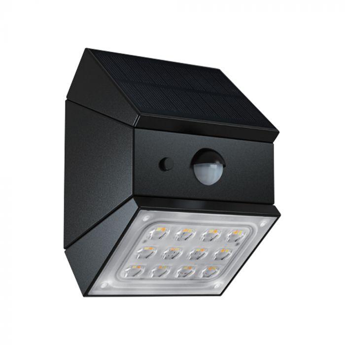 2,5W LED sieninis įkraunamas šviestuvas su saulės baterija ir judesio davikliu, juodas, 3000/4000/6000K, IP65