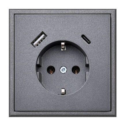 Kištukinis lizdas su įžeminimu MODERN, su USB A+C įkrovikliu 25W, be rėmelio, juodas