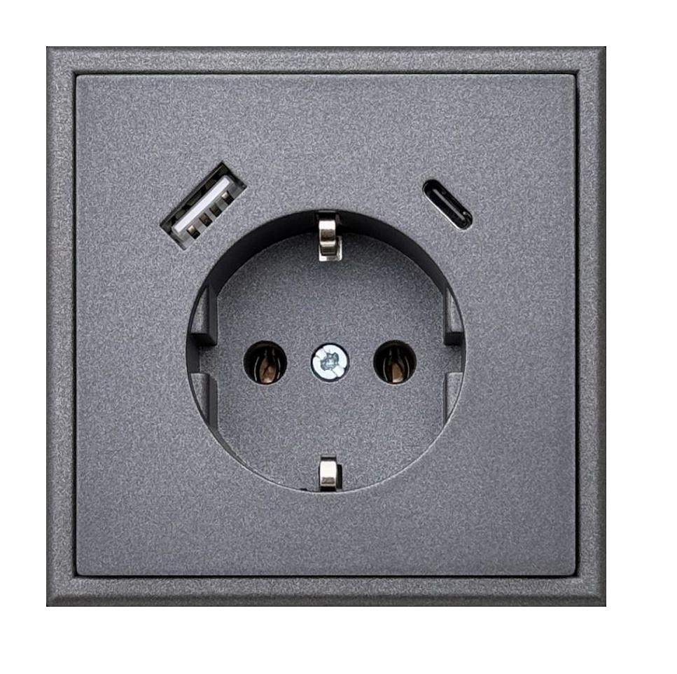 Kištukinis lizdas su įžeminimu MODERN, su USB A+C įkrovikliu 25W, be rėmelio, juodas