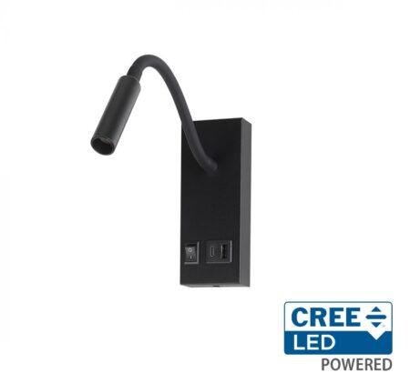 3W LED sieninis šviestuvas - skaitymo lempa, juodas, 3000K, su USB/PD jungtimi, CREE LED chip