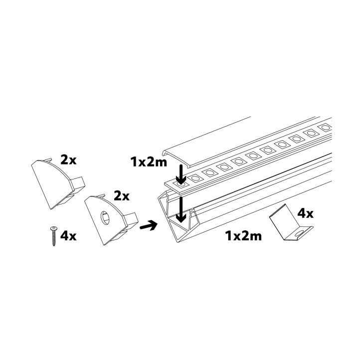 LED kampinis profilis N01, baltas, 2m, su dangteliu ir užbaigimais