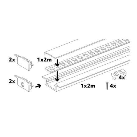 LED įleidžiamas profilis P02, anoduoto sidabro sp., 2m, su dangteliu ir užbaigimais