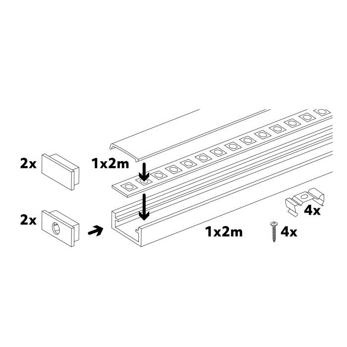 LED paviršinis profilis P01, juodas, 2m, su dangteliu ir užbaigimais