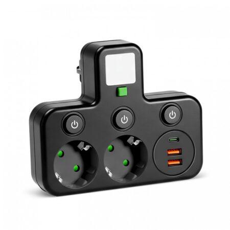 Šakotuvas (2 pozicijų) LINEA PRO FL3, juodas, su 2xUSB + 1xUSB C, su 4000K naktiniu šviestuvu