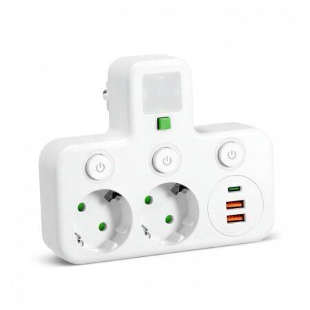 Šakotuvas (2 pozicijų) LINEA PRO FL3, baltas, su 2xUSB + 1xUSB C, su 4000K naktiniu šviestuvu