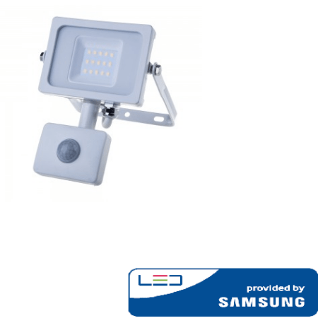 10W LED prožektorius V-TAC, 3000K (šiltai balta), su judesio davikliu, baltu korpusu, SAMSUNG LED chip