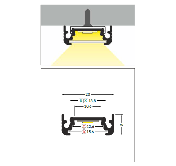 3m LED juostos profilis SURFACE10 BC/UX, neanoduotas aliuminis - Image 2