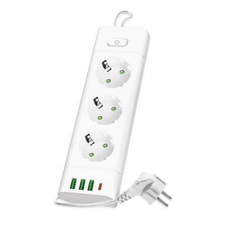 Ilgintuvas, 3-vietis, baltas, 1500mm, su 3xUSB + 1xUSB C