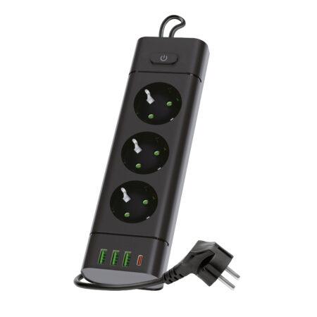 Ilgintuvas, 3-vietis, juodas, 1500mm, su 3xUSB + 1xUSB C