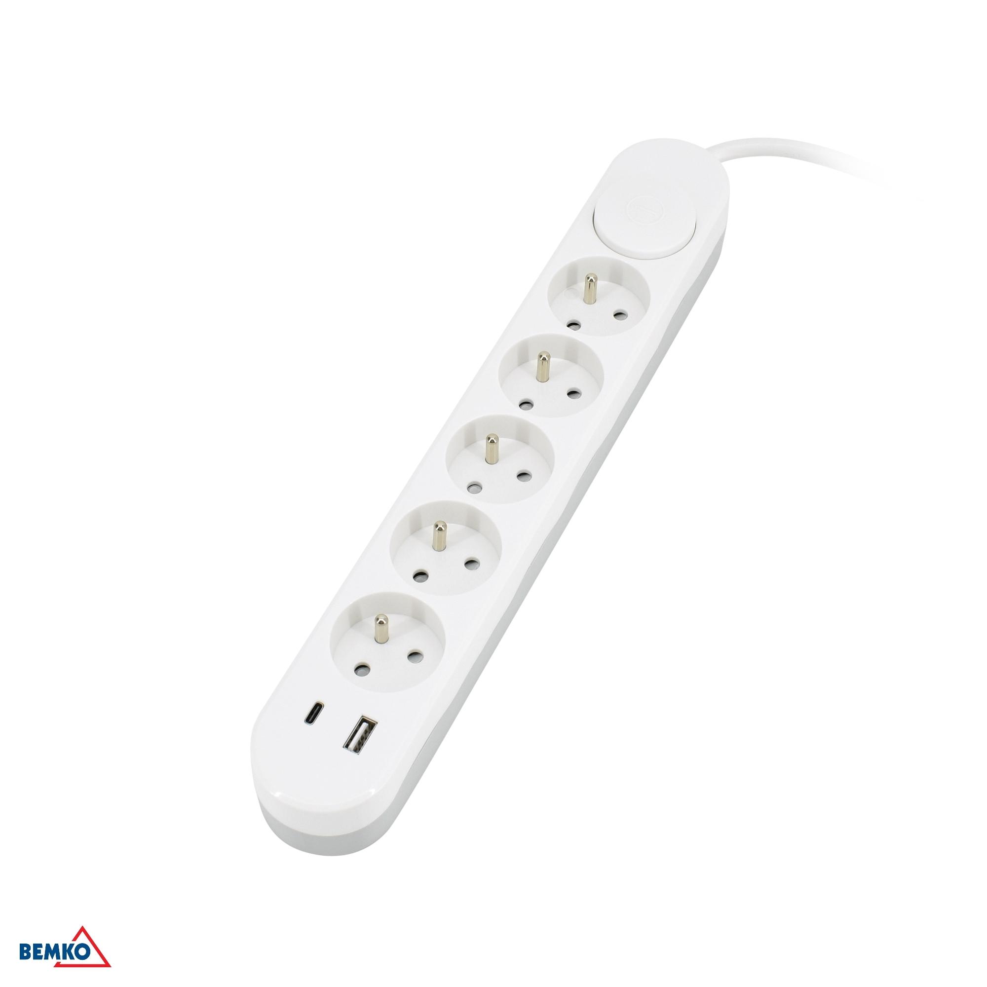 Ilgintuvas, 5-vietis, 2m, su 2x USB(C+A), baltas, max 3500W