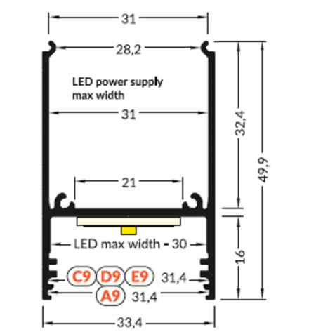 3m LED juostos profilis COMBO30-01, neanoduotas aliuminis