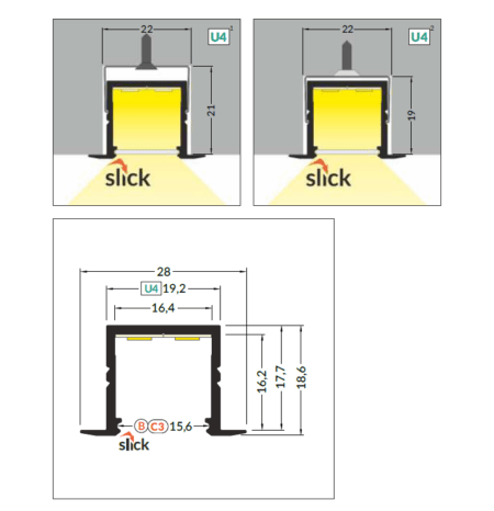 3m LED juostos profilis SMART-IN16 B/U4, neanoduotas aliuminis