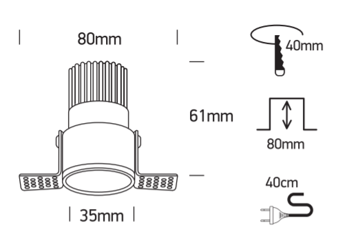 3W LED užglaistomas šviestuvas, juodas, 3000K, 10103BTR/B/W