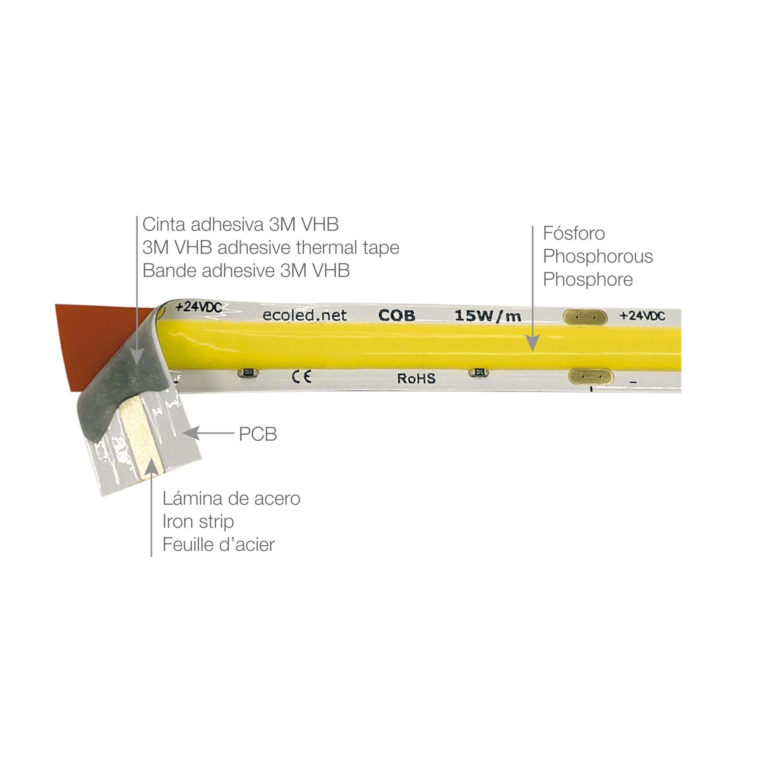 15W/m COB LED juosta, 24V, 480LED/m, 3000K, 5m