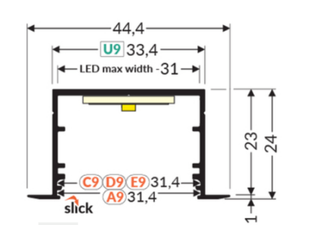 3m LED juostos profilio VARIO30-07, juodai anoduotas.