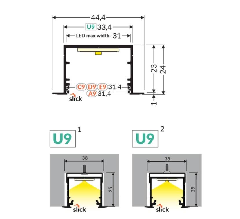 LED juostos profilis VARIO30-07 ACDE-9/U9, baltas, 2m