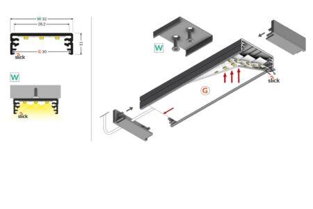 LED juostos profilis WIDE24 G/W, neanoduotas aliuminis, 2m