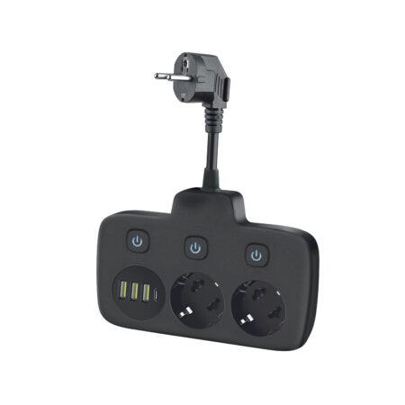 Šakotuvas LINEA FL, 2 kištukinių lizdų, 3xUSB-A, 1xUSB-C, su 3 jungikliais, juodas
