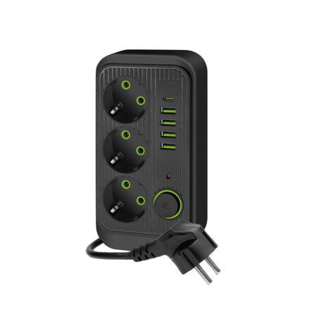 Ilgintuvas LINEA PRO, 3 kištukinių lizdų, 4xUSB-A, 1xUSB-C, su jungikliu, juodas, 1,5m
