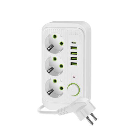 Ilgintuvas LINEA PRO, 3 kištukinių lizdų, 4xUSB-A, 1xUSB-C, su jungikliu, baltas, 5m