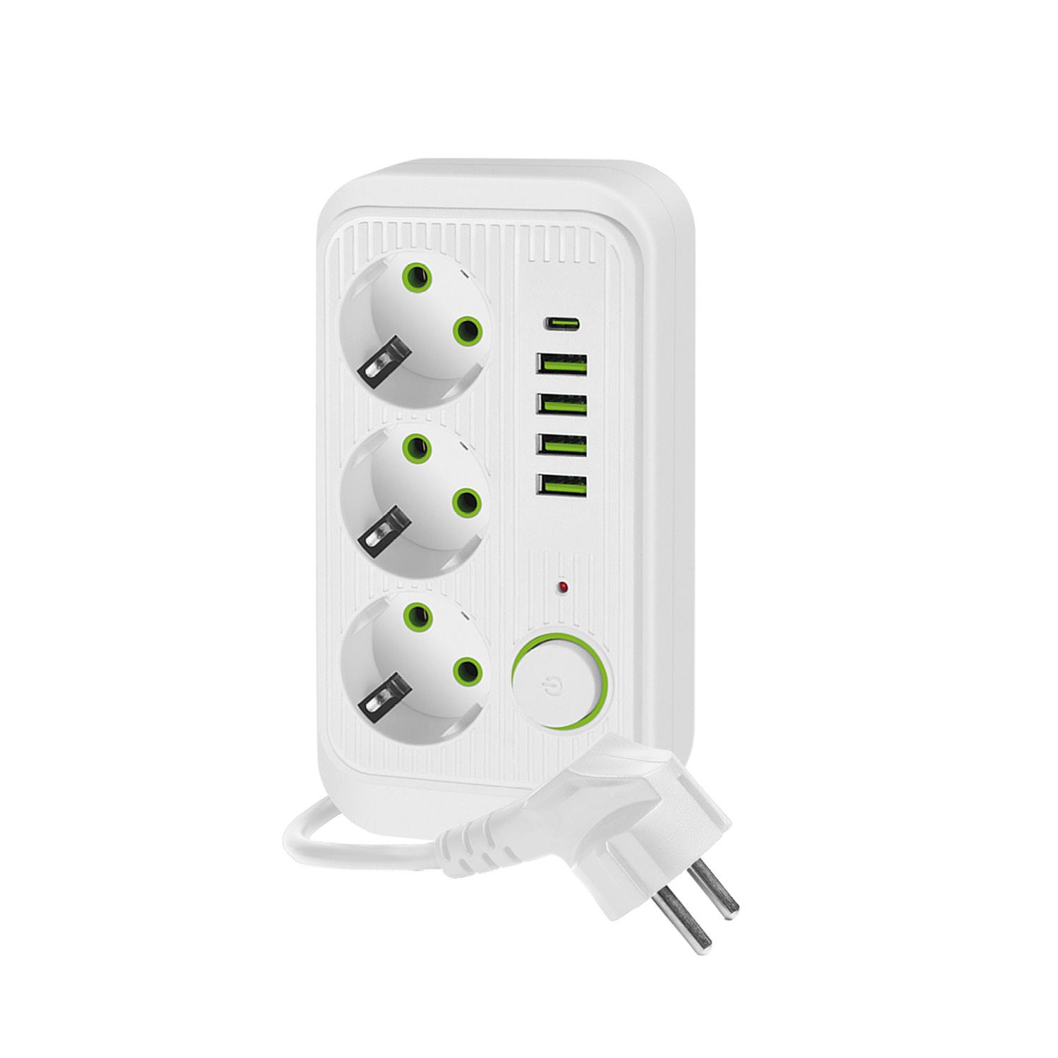 Ilgintuvas LINEA PRO, 3 kištukinių lizdų, 4xUSB-A, 1xUSB-C, su jungikliu, baltas, 5m
