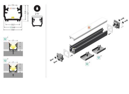 LED juostos profilis FLOOR12 K/U, anoduotas aliuminis, 2m