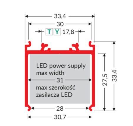 LED juostos profilis VARIO30-08, skirtas maitinimo šaltiniui uždengti, juodai anoduotas, 2m