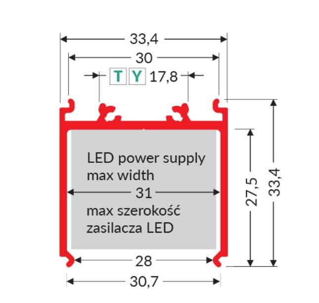 3m LED juostos profilio VARIO30-08. Skirtas maitinimo šaltiniui uždengti, anoduotas.