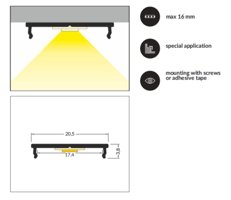 3m LED juostos profilis FIX16, baltas