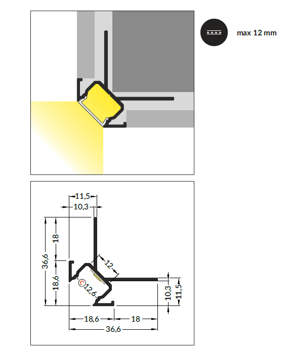 3m LED juostos profilis UNI-TILE12 C PLUS, 270 laipsnių, anoduotas aliuminis