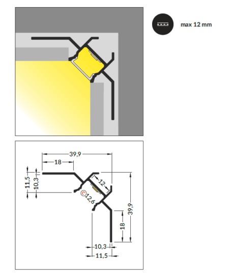 3m LED juostos profilis UNI-TILE12 C PLUS, 90 laipsnių, anoduotas aliuminis