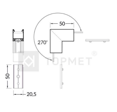 LED juostos profilio LINEA20 270 laipsnių kampinis sujungimas, anoduotas aliuminis