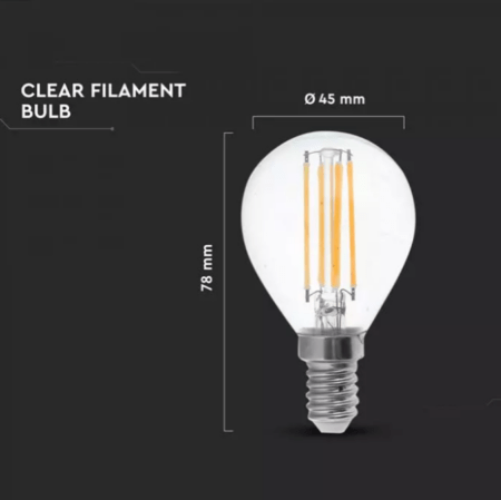 6W LED lemputė V-TAC, E14, P45, 2700K, filamentinė, 130lm/W, skaidriu stiklu