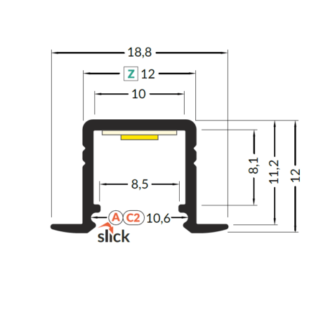 LED juostos profilis SMART-IN10 AC2/Z, anoduotas aliuminis, 2m