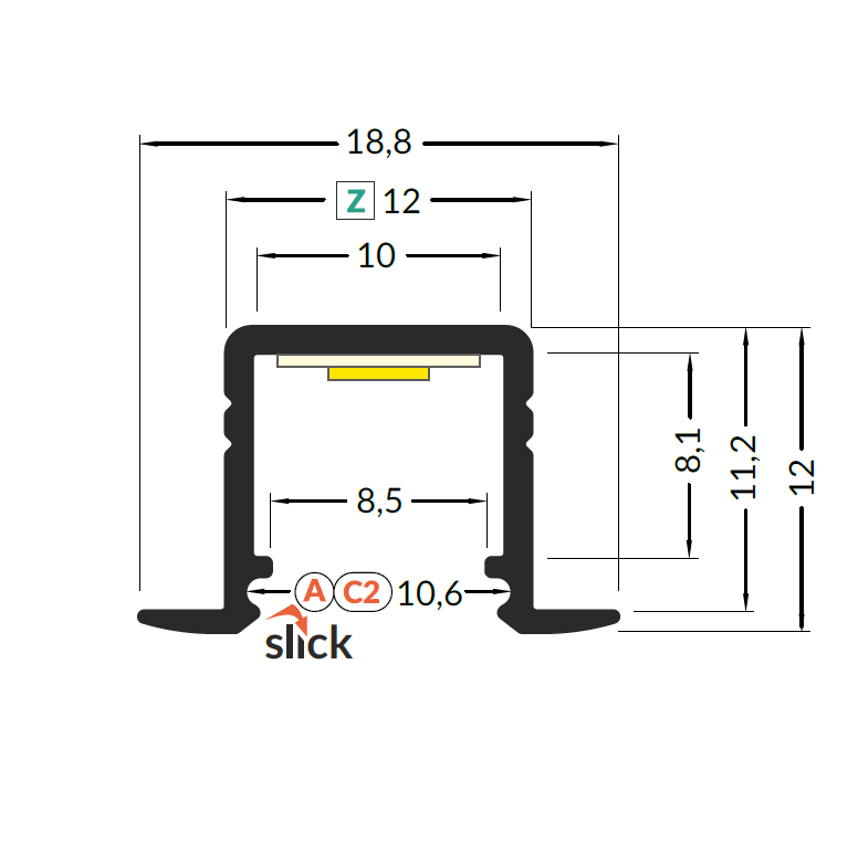 LED juostos profilis SMART-IN10 AC2/Z, anoduotas aliuminis, 2m