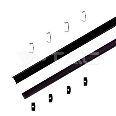 LED paviršinis profilis, juodas, 2m, su dangteliu ir montavimo priedais