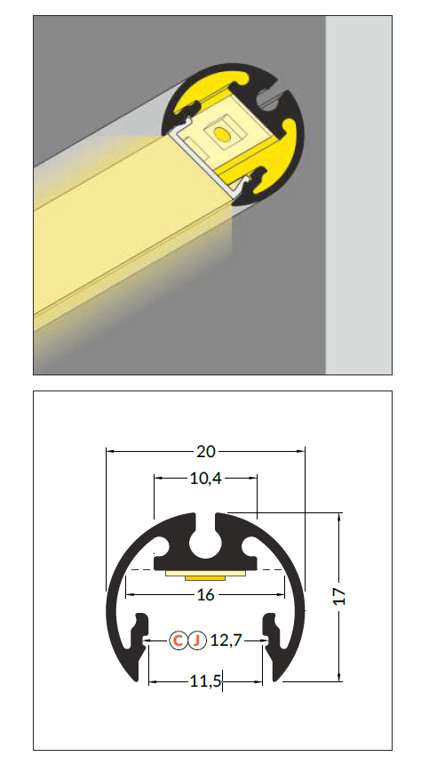 3m LED juostos profilis PEN12 CJ, juodai dažytas