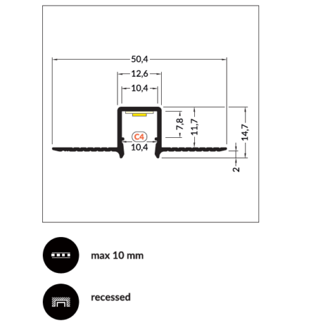3m LED juostos profilis HIDE10 C4, neanoduotas aliuminis