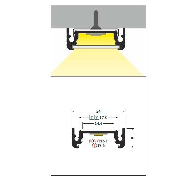 3m LED juostos profilis SURFACE14 EF/TY, neanoduotas aliuminis