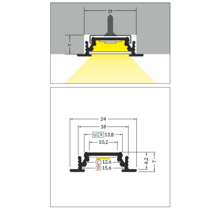 3m LED juostos profilis GROOVE10 BC/UX, neanoduotas aliuminis
