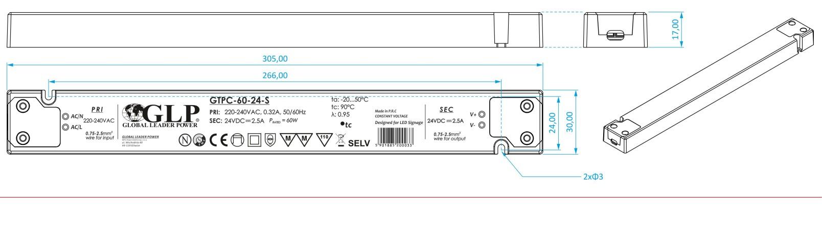 60W LED maitinimo šaltinis GTPC SLIM, 12V, IP20 - Image 2