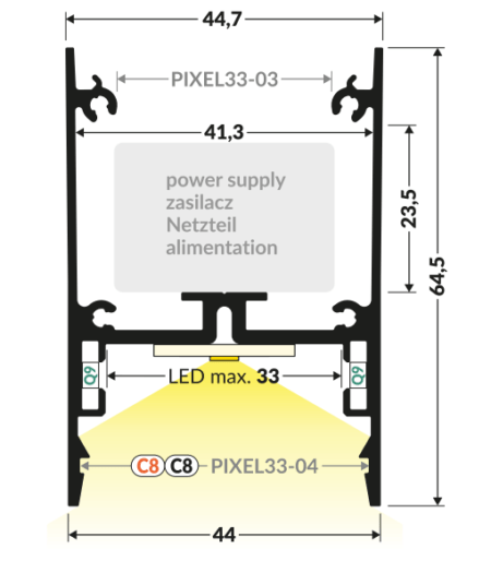 LED juostos profilis PIXEL33-02 C8, anoduoto aliuminio sp., 2m